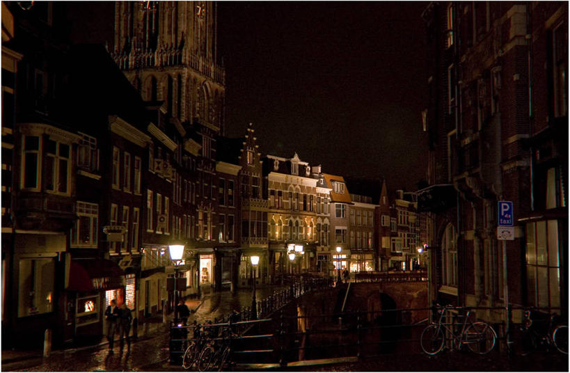 横图,室外,夜晚,城市,建筑,路灯,荷兰,古城,光亮,摄影,照亮,照明设备,乌特勒支,旅行