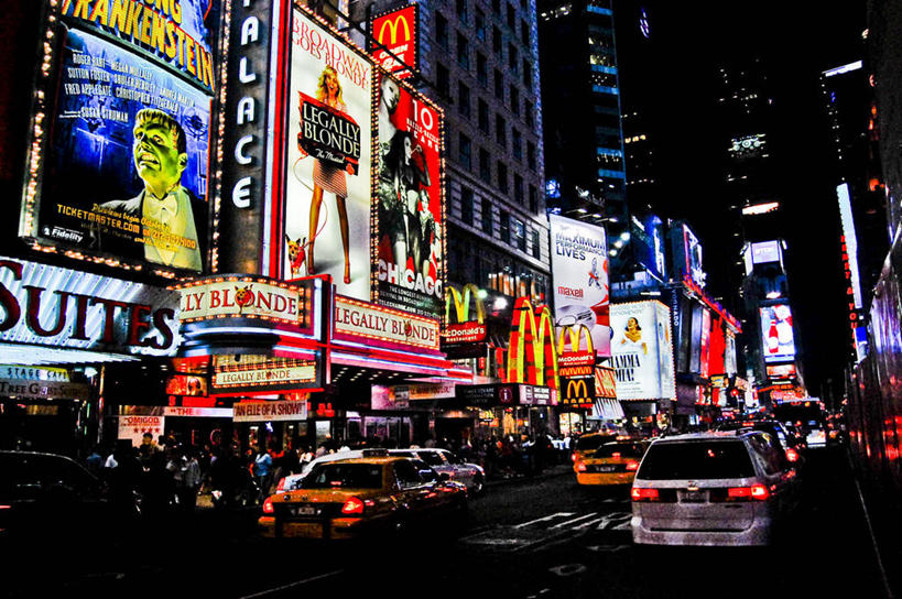 无人,横图,室外,夜晚,夜生活,建筑,霓虹灯,指示牌,汽车,纽约,美国,标志,文字,机动车,标识,地标建筑,运输,摄影,照明设备,百老汇,纽约州,曼哈顿时代广场,旅行