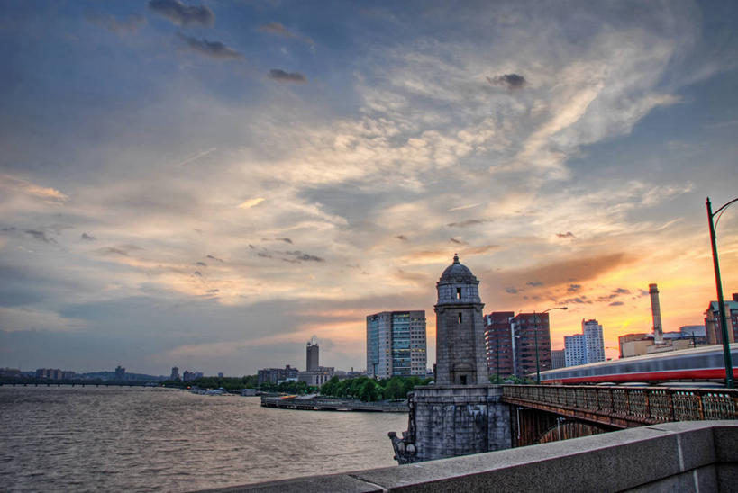 无人,横图,室外,旅途,河流,日落,城市,建筑,火车,美国,云,公共交通,天空,黄昏,运输,摄影,迅速,波士顿,马萨诸塞,查尔斯河,旅行