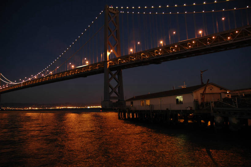 无人,码头,横图,室外,夜晚,城市,建筑,美国,桥,光亮,联系,地标建筑,摄影,吊桥,照亮,海湾大桥,旅行