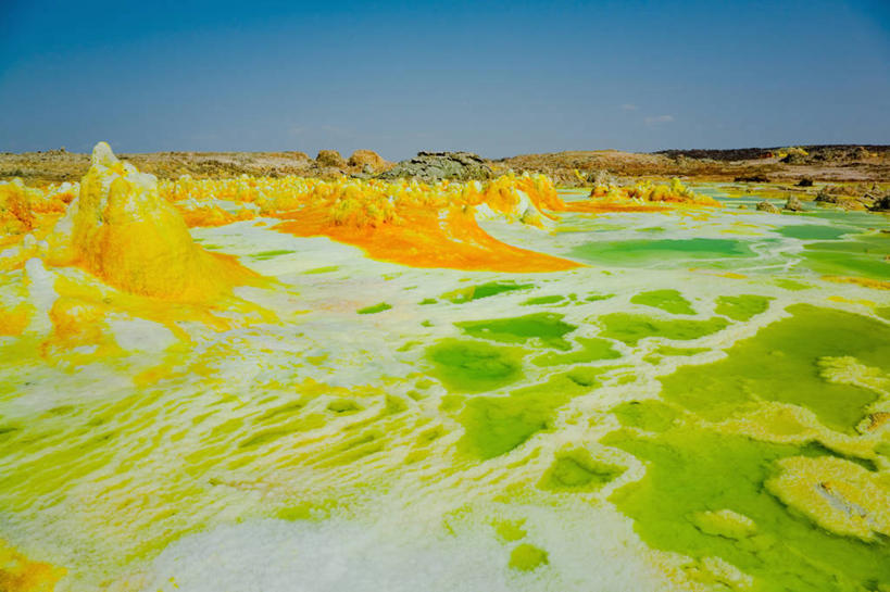 无人,横图,室外,白天,风险,火山,温泉,埃塞俄比亚,小的,池塘,黄色,绿色,天空,熔岩,酸,摄影,岩层,万里无云,间歇泉,盐湖,东非,地质学,矿物质,自然地理,危险,活火山,岩石,旅行