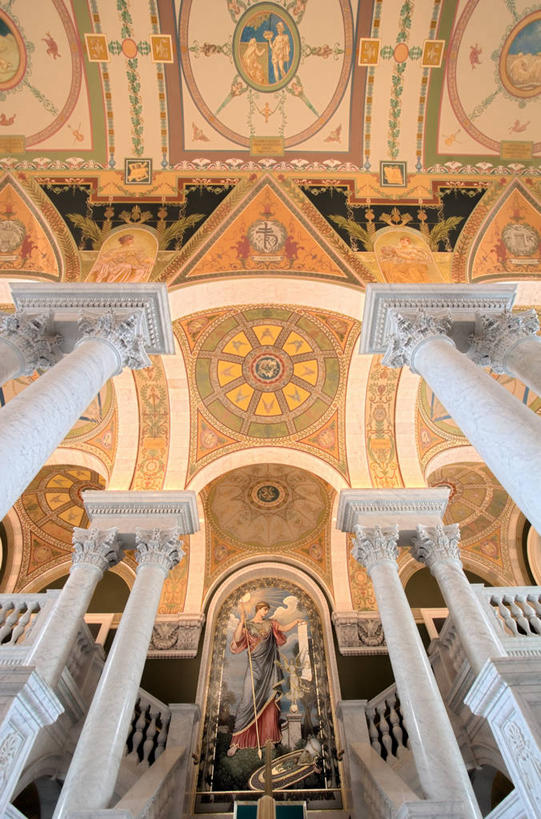 无人,竖图,室内,白天,仰视,绘画,天花板,建筑,美国,对称,艺术,柱子,首都,古典,文化,大厅,工艺品,品味,摄影,美术,高雅,政府,政治,华盛顿特区,美国国会图书馆,美学,彩图,低角度拍摄