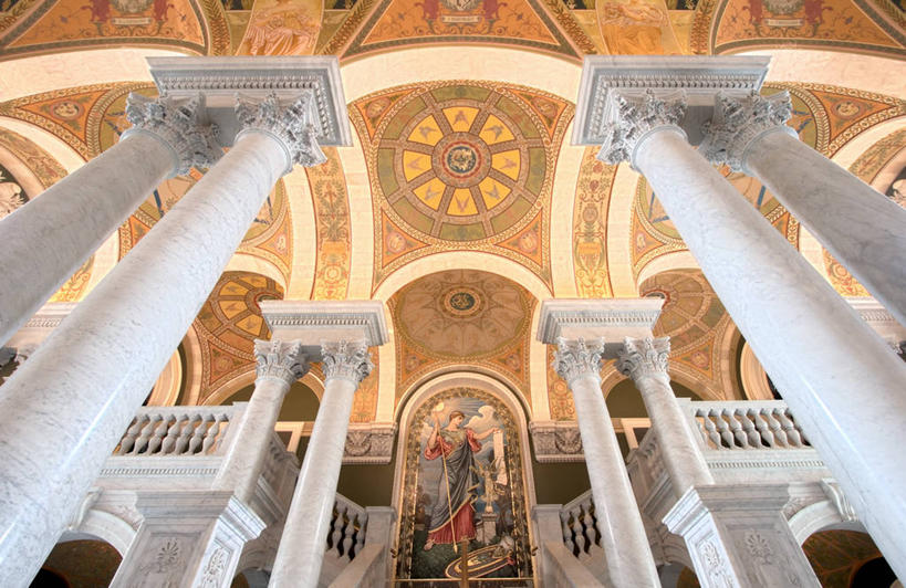 无人,横图,室内,白天,仰视,绘画,天花板,建筑,美国,对称,艺术,柱子,首都,古典,文化,大厅,工艺品,品味,摄影,美术,高雅,政府,政治,华盛顿特区,美国国会图书馆,美学,彩图,低角度拍摄