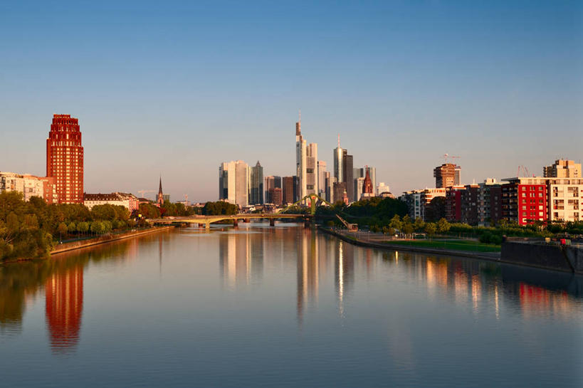 无人,横图,室外,日出,天际线,建筑,摩天大楼,德国,欧洲,反射,水面,摄影,宁静,西欧,市区,中欧,万里无云,德意志联邦共和国,法兰克福,黑森州,莱茵河,支流,彩图,美因河