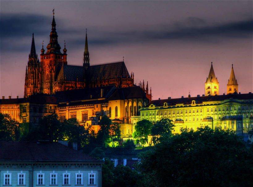 无人,横图,室外,长时间曝光,天际线,建筑,欧洲,捷克,城堡,首都,黄昏,摄影,照亮,哥特式风格,中欧,捷克共和国,波西米亚,布拉格,赫拉德卡尼城堡,彩图,大教堂