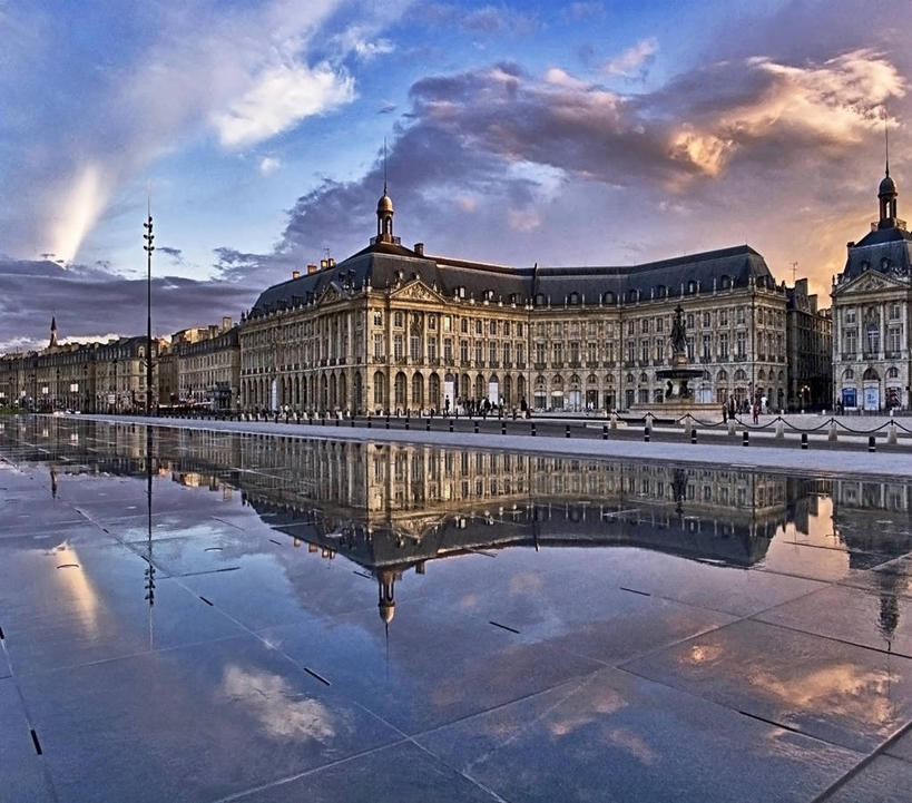 无人,宫殿,横图,室外,白天,日落,水,建筑,法国,湿,反射,云,天空,黄昏,摄影,中欧,波尔多,水坑,吉伦特省,彩图,旅行