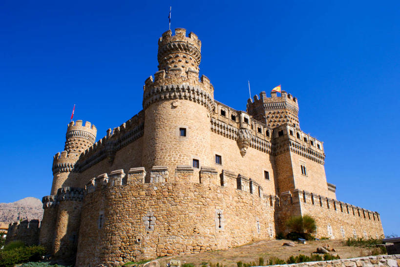 无人,横图,室外,白天,仰视,建筑,西班牙,城堡,天空,摄影,要塞,伊比利亚半岛,万里无云,门多萨,彩图,低角度拍摄,旅行