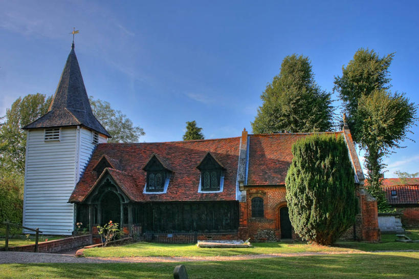 无人,教堂,横图,室外,白天,建筑,英国,木制,历史,树,天空,摄影,基督教,迷人,北欧,万里无云,艾塞克斯大学,彩图,旅行