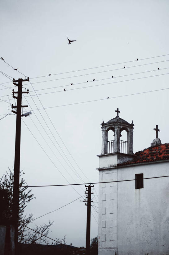 无人,教堂,竖图,黑白,室外,白天,多云,建筑,欧洲,一群,许多,十字形,鸟类,钟楼,很多,半空,飞,灰色,电话线,摄影,希腊正教