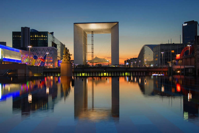 无人,横图,室外,日落,水,建筑,法国,巴黎,对称,反射,首都,现代,摄影,照亮,法国文化,新凯旋门,金融区,彩图