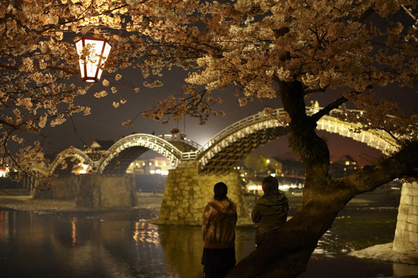 成年人,两个人,站,横图,室外,河流,路灯,樱花,日本,日本文化,反射,联系,拱桥,树,背面,黄昏,摄影,宁静,照亮,山口县,男人,女人,彩图,岩国