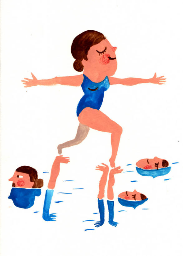 花样游泳,成年人,四个人,竖图,插画,白色背景,竞争,数码,科技,西班牙,阴影,反射,网络,竞技运动,高光,几何,计算机图形,合成,图画,画,幽默,部分,电脑合成图,数码合成图,合成图,漫画,写实,具体,具象,敌对,闭着眼睛,步行,彩图,泳衣