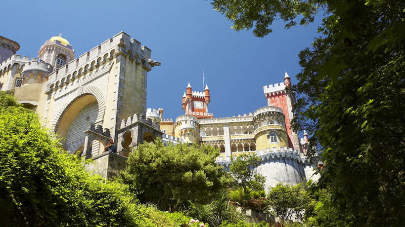 无人,宫殿,横图,室外,白天,山,建筑,葡萄牙,城堡,拱门,塔,城墙,树,摄影,19世纪,新特拉,彩图,联合国教科文组织