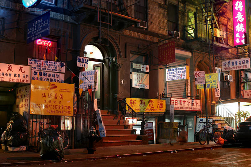 无人,横图,室外,夜晚,建筑,街道,霓虹灯,指示牌,纽约,美国,标志,文字,唐人街,曼哈顿,标识,汉字,摄影,照亮,中国文化,彩图