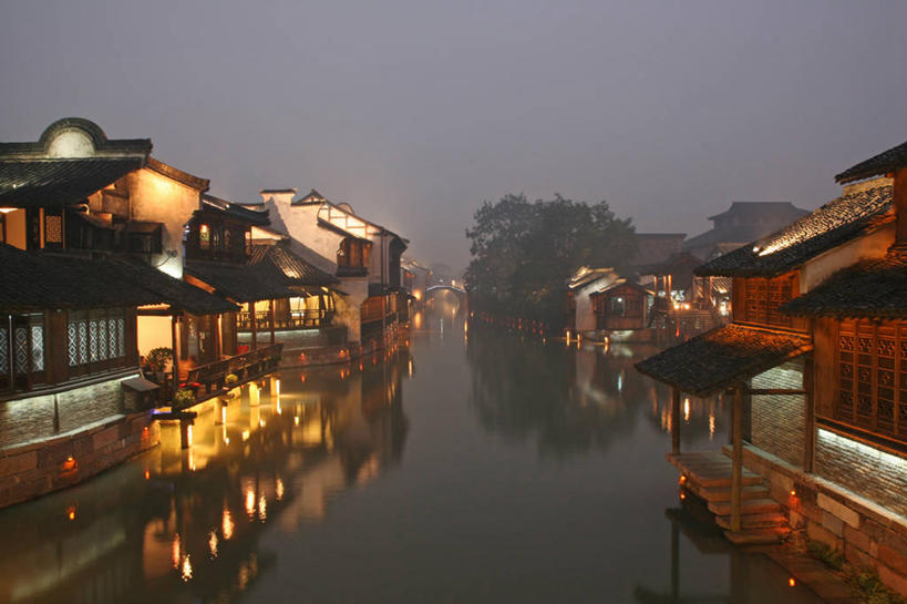 无人,横图,室外,水,多云,建筑,反射,房屋,乡村,浙江省,黄昏,摄影,照亮,中国文化,乌镇,彩图,旅行