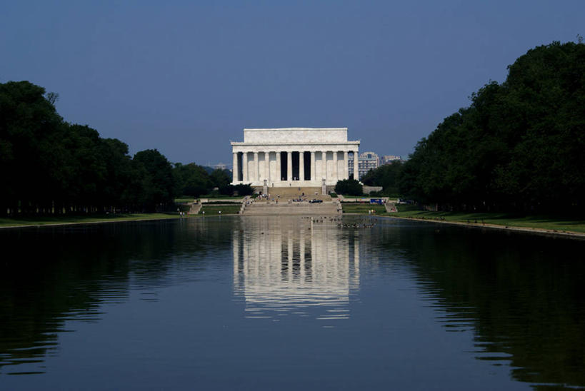无人,横图,室外,白天,正面,建筑,美国,反射,首都,历史,树,摄影,华盛顿特区,林肯纪念碑,爱国主义,万里无云,死水,彩图