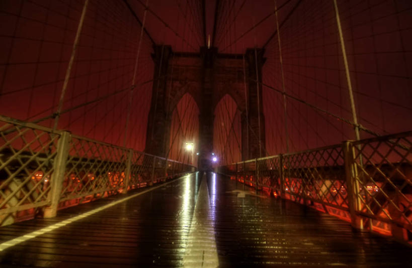 无人,横图,室外,夜晚,神秘,城市,建筑,纽约,美国,反射,摄影,吊桥,照亮,透视图,布鲁克林桥,彩图