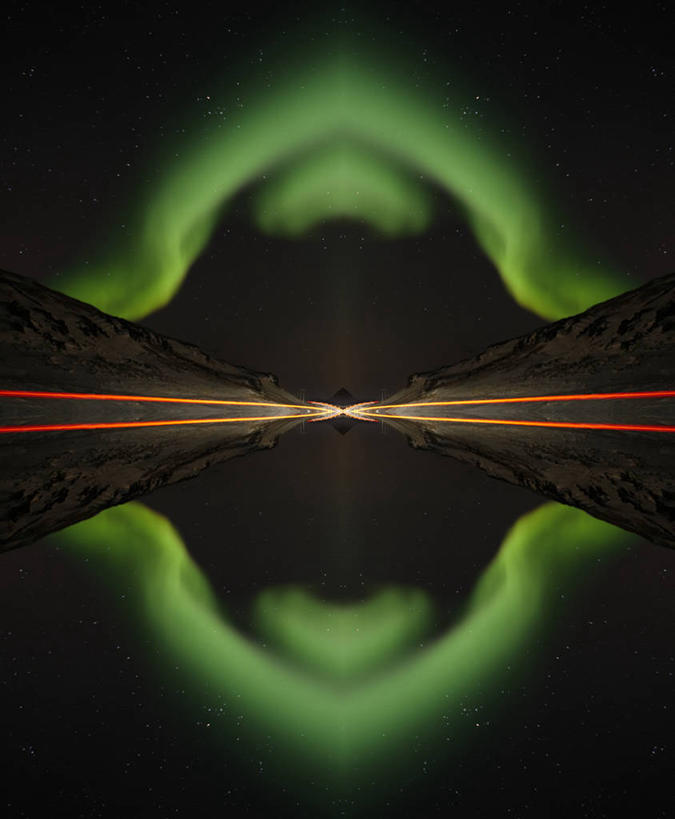 无人,竖图,室外,夜晚,极光,美景,对称,反射,光,景观,数码合成,自然,景色,摄影,照亮,简单,自然风光,北极光,彩图