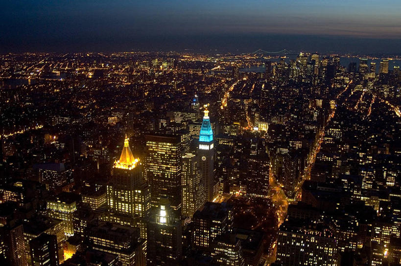 无人,横图,俯视,室外,夜晚,城市,建筑,摩天大楼,纽约,美国,地平线,摄影,照亮,市区,彩图,高角度拍摄