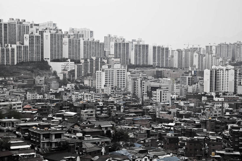 无人,横图,黑白,室外,白天,天际线,城市,建筑,摩天大楼,首尔,韩国,首都,摄影,万里无云,居住区,板式建筑