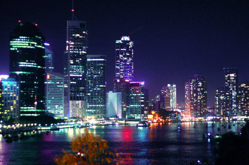 无人,横图,室外,夜晚,河流,天际线,城市,建筑,摩天大楼,澳大利亚,反射,摄影,照亮,市区,昆士兰州,布里斯班,彩图