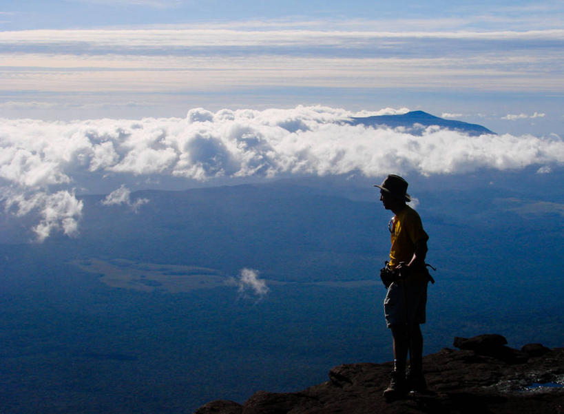 西方人,成年人,中年人,老年人,一个人,站,横图,俯视,室外,白天,旅游,度假,美景,山,巴西,欧洲,欧洲人,仅一个男性,仅一个人,仅一个中年男性,地平线,景观,辽阔,地面,宏伟,娱乐,天空,自然,享受,休闲,广阔,思考,景色,放松,摄影,宁静,一望无际,成就,自然风光,延伸,天地相交,无边无际,一马平川,男人,男性,中年男性,白种人,彩图,高角度拍摄,罗赖马山
