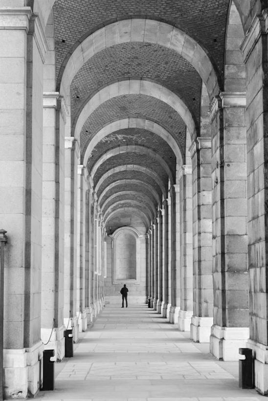 成年人,中年人,一个人,宫殿,竖图,黑白,白天,建筑,西班牙,仅一个男性,仅一个人,仅一个中年男性,柱子,砖,拱门,走廊,首都,背面,马德里,摄影,马德里皇宫,男人,男性,中年男性