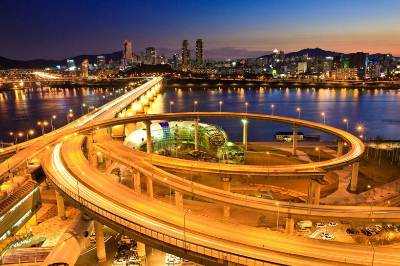 无人,横图,室外,长时间曝光,城市,建筑,摩天大楼,首尔,旗袍,反射,桥,交通,首都,现代,摄影,照亮,中国文化,高架道路,汉江,彩图