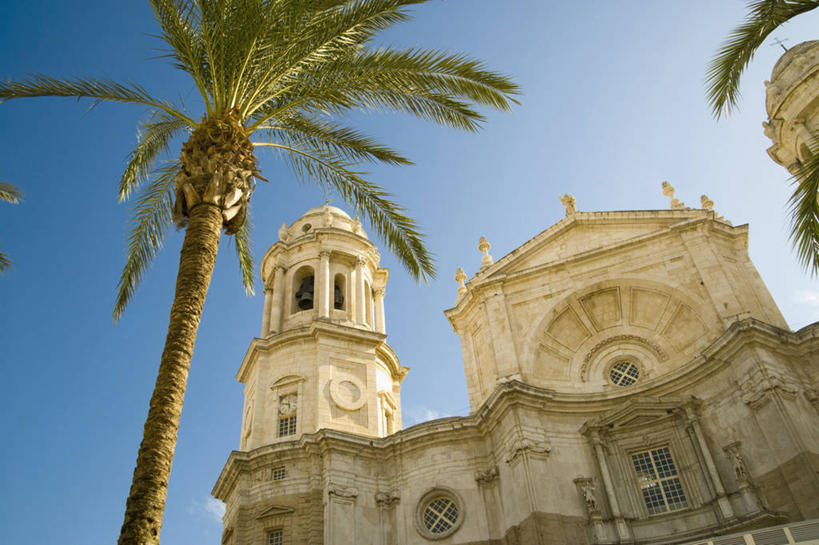 无人,横图,室外,白天,仰视,建筑,棕榈树,西班牙,历史,摄影,安达路西亚,万里无云,加的斯,彩图,低角度拍摄,大教堂