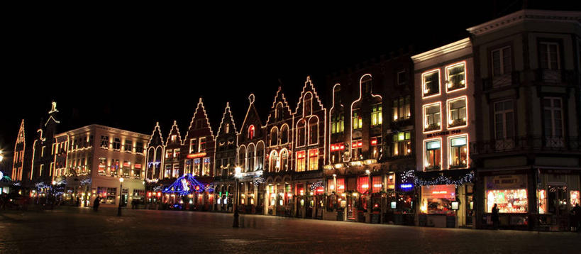 无人,广场,横图,全景,室外,夜晚,夜生活,城市,建筑,比利时,古城,摄影,照亮,布鲁日,彩图