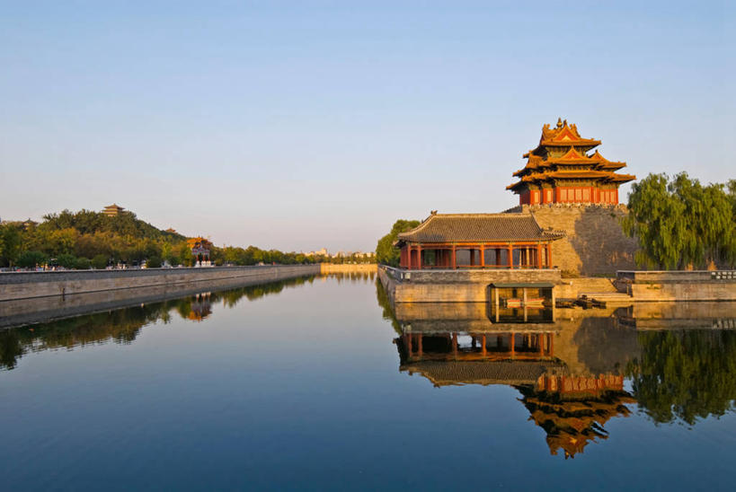 无人,故宫,横图,室外,白天,湖,建筑,北京,对称,反射,首都,树,风景,摄影,宗教,宁静,中国文化,万里无云,完美,彩图,旅行