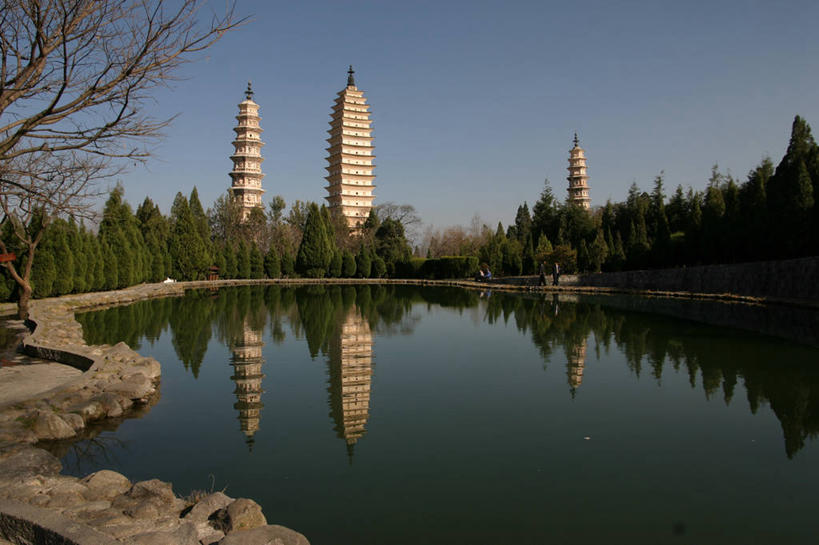 无人,横图,室外,白天,湖,建筑,大理,反射,塔,宝塔,树,摄影,宁静,中国文化,云南省,崇圣寺,彩图