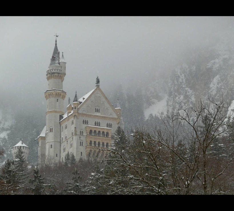 横图,室外,森林,山,雪,雾,建筑,冬天,天气,树,摄影,德国文化,新天鹅城堡,常绿树,彩图