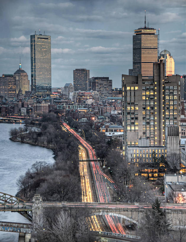 无人,竖图,俯视,室外,天际线,建筑,摩天大楼,公路,美国,冬天,公寓,交通,黄昏,摄影,照亮,市区,波士顿,马萨诸塞,查尔斯河,彩图,高角度拍摄