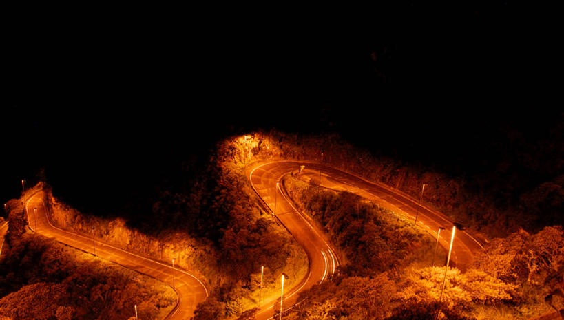 无人,横图,俯视,室外,夜晚,山,路灯,地形,山路,运输,摄影,蜿蜒,照亮,圣卡塔琳娜,彩图,高角度拍摄,滨海路