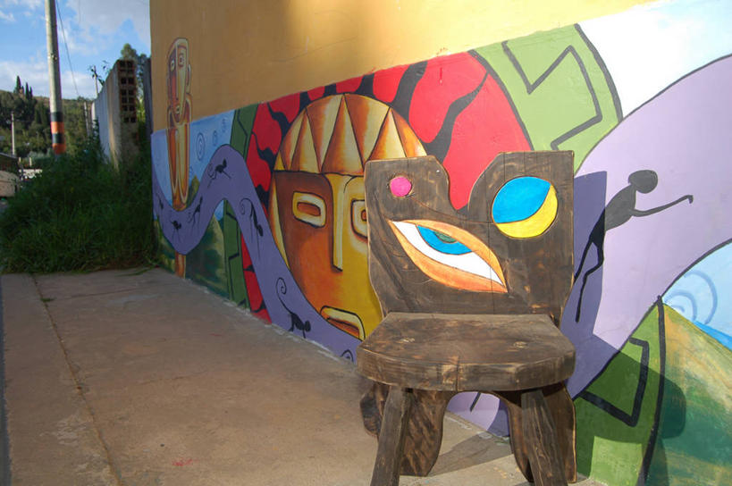 无人,横图,室外,白天,建筑,椅子,木制,墙,庭院,壁画,摄影,手艺,彩图