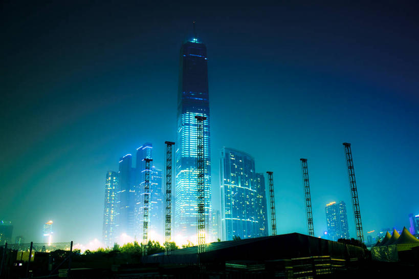 无人,横图,室外,夜晚,建筑,香港,塔,蓝色,天空,摄影,照亮,九龙,彩图,地球村