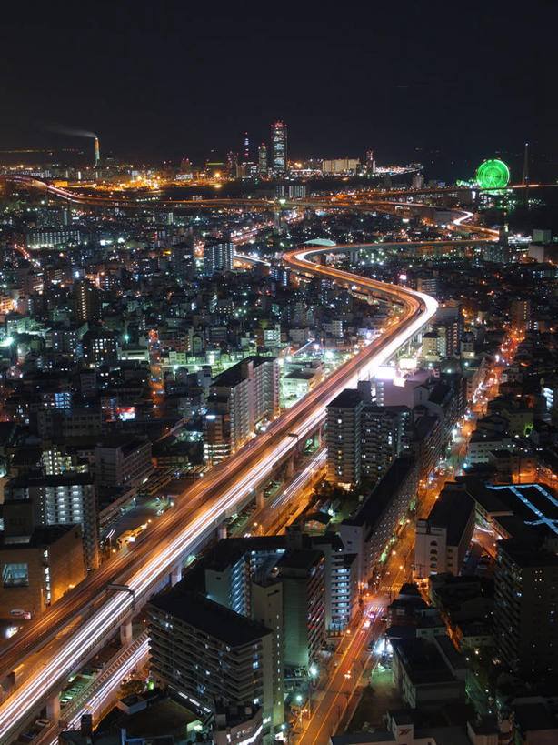 无人,竖图,俯视,航拍,室外,夜晚,长时间曝光,度假,美景,城市风光,城市,建筑,摩天大楼,日本,日本文化,景观,方向,娱乐,现代,天空,享受,休闲,景色,放松,运输,摄影,照亮,照明设备,鸟瞰,大转轮,大阪府,大阪市,彩图,高角度拍摄