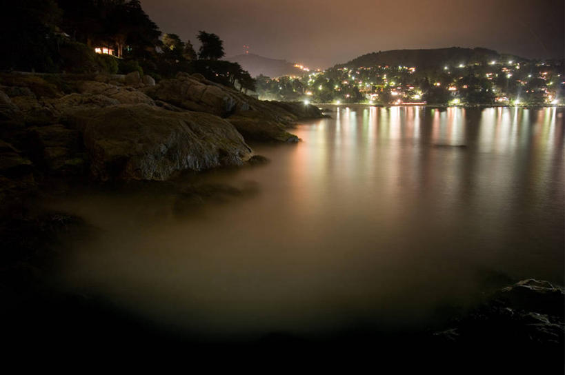 无人,横图,室外,夜晚,海洋,智利,反射,海湾,天空,摄影,宁静,照亮,太平洋,照明设备,彩图