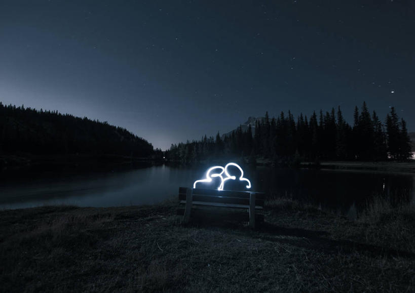 无人,横图,室外,夜晚,湖,美景,加拿大,长椅,景观,光亮,座位,树,自然,景色,摄影,宁静,环境,照亮,创造力,国家公园,自然风光,班夫国家公园,亚伯达,班夫