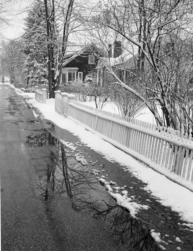 无人,竖图,黑白,室外,白天,雪,篱笆,路边,乡村,冬天,城镇,寒冷,摄影,水坑