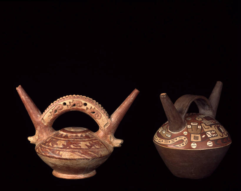 无人,横图,留白,黑色背景,装饰,陶瓷制品,历史,古代,两个,瓶子,陶器,摄影,手艺,古代文明,美术工艺,彩图,影棚拍摄,拉美文明,过去