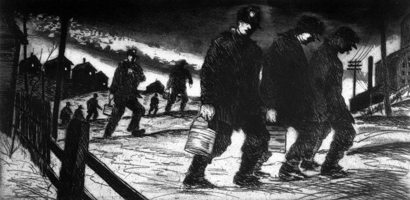 成年人,横图,全景,黑白,插画,室外,夜晚,侧面,制服,采矿业,数码,科技,阴影,网络,高光,几何,计算机图形,合成,图画,画,工业,电脑合成图,数码合成图,合成图,合伙,漫画,矿工,写实,具体,具象,一致,美术工艺,版画,男人,步行