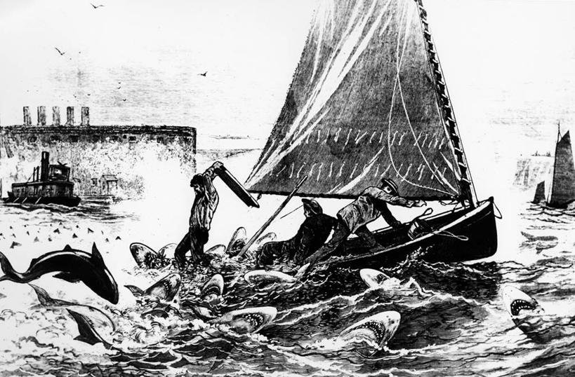 成年人,三个人,站,横图,黑白,插画,室外,白天,侧面,数码,科技,海洋,鲨鱼,阴影,艺术,网络,渔船,高光,几何,计算机图形,合成,图画,拿着,画,击打,航海,电脑合成图,数码合成图,合成图,打斗,漫画,写实,具体,具象,纽约港,危险,男人