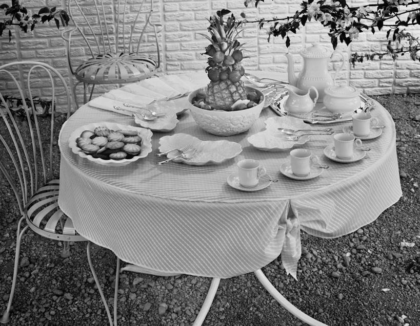 无人,横图,黑白,室外,白天,桌子,庭院,院子,咖啡杯,杯,饮食,桌布,盘子,摄影,清新