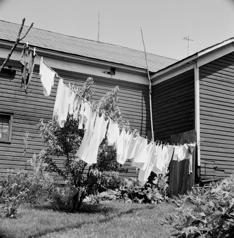 无人,竖图,方图,黑白,室外,白天,植物,美国,吊挂,悬挂,房屋,墙,屋顶,挂,草,洗衣服,衣服,晾衣服,摄影,烘干