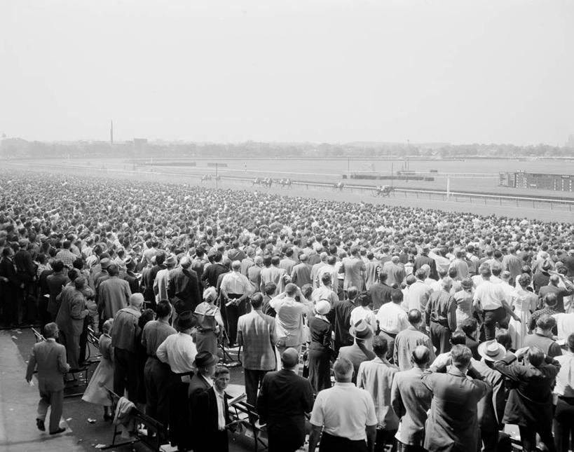 成年人,横图,俯视,黑白,室外,白天,留白,运动,马,美国,丰富,许多人,一群人,家畜,摄影,群众,纽约州,万里无云,跑马场,赛马,男人,女人,高角度拍摄,马术运动