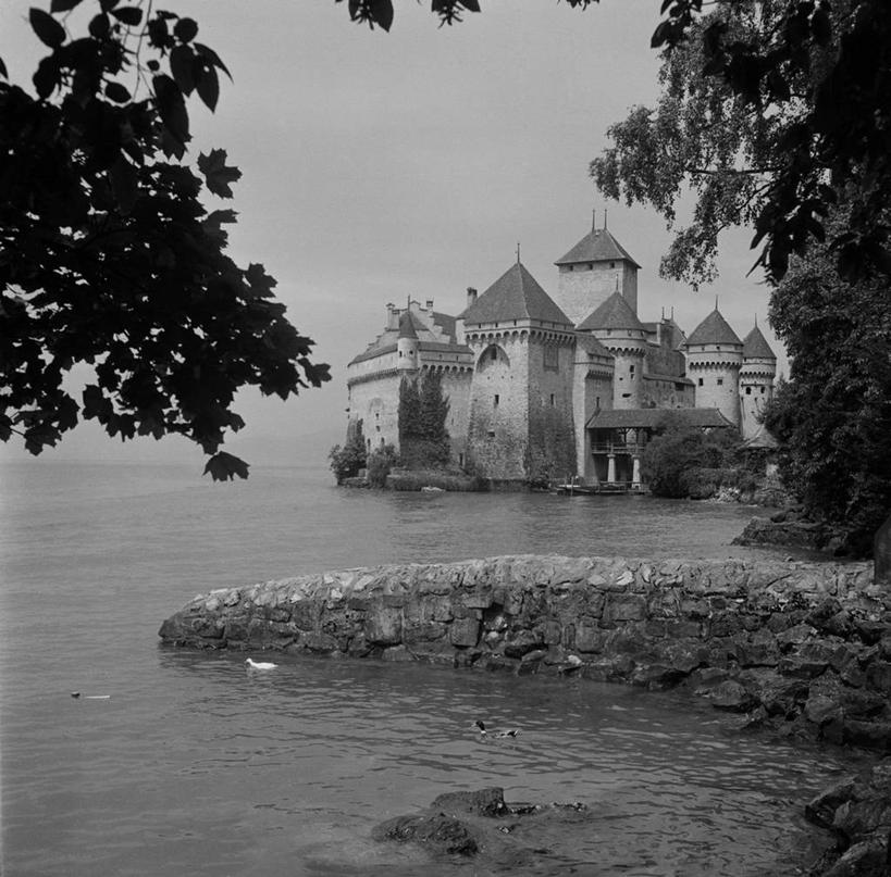 无人,横图,黑白,室外,白天,湖,建筑,叶子,瑞士,城堡,塔,枝,历史,树,地标建筑,摄影,宁静,日内瓦湖,西庸城堡