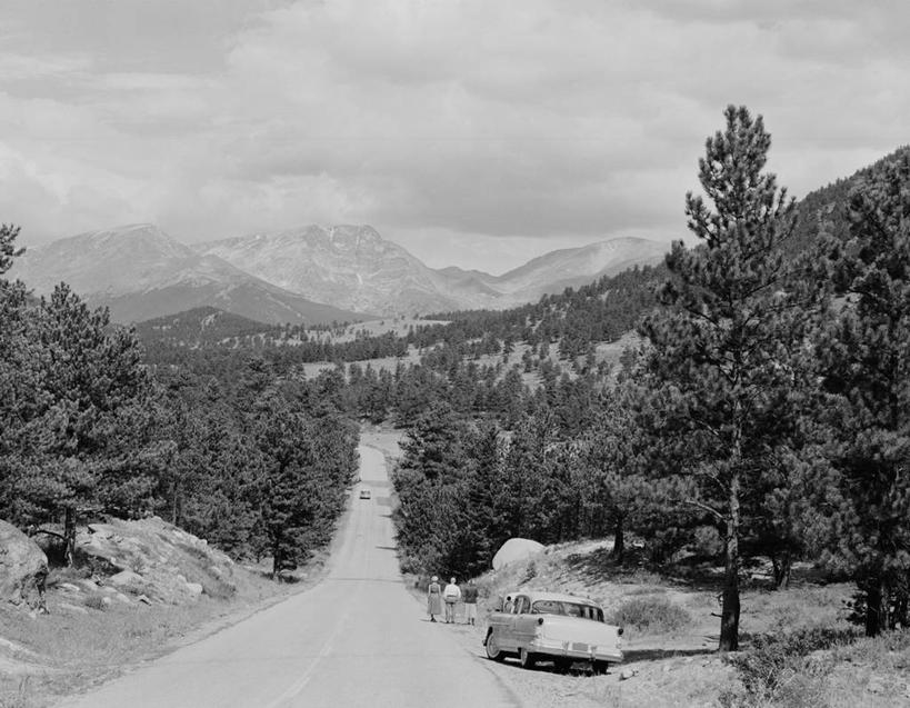 横图,黑白,室外,白天,旅游,森林,山,汽车,美国,地形,风景,摄影,科罗拉多州,落基山国家公园