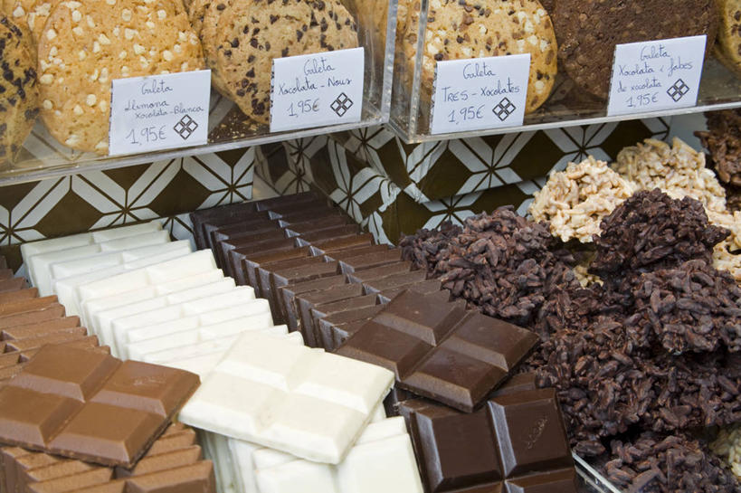 无人,商店,横图,室内,特写,白天,西班牙,巴塞罗那,食品,饮食,甜食,巧克力,零售,摄影,多样,地中海文化,价格标签,加泰隆尼亚,彩图